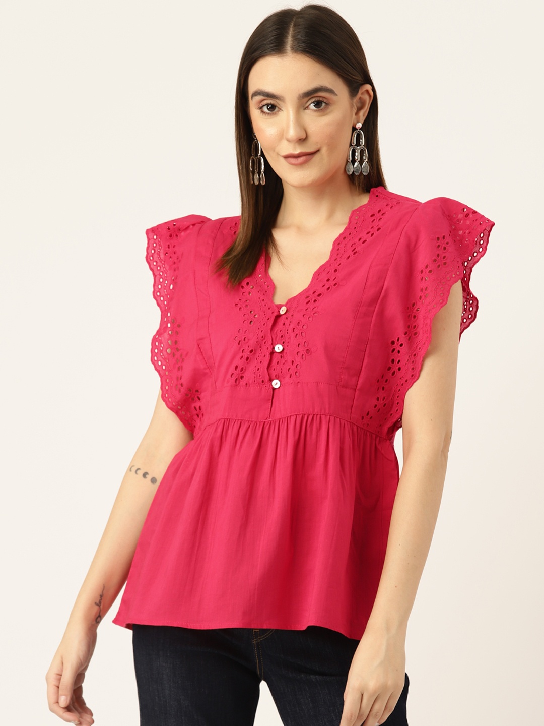 

Off Label Flutter Sleeve Cotton Schiffli Top, Fuchsia