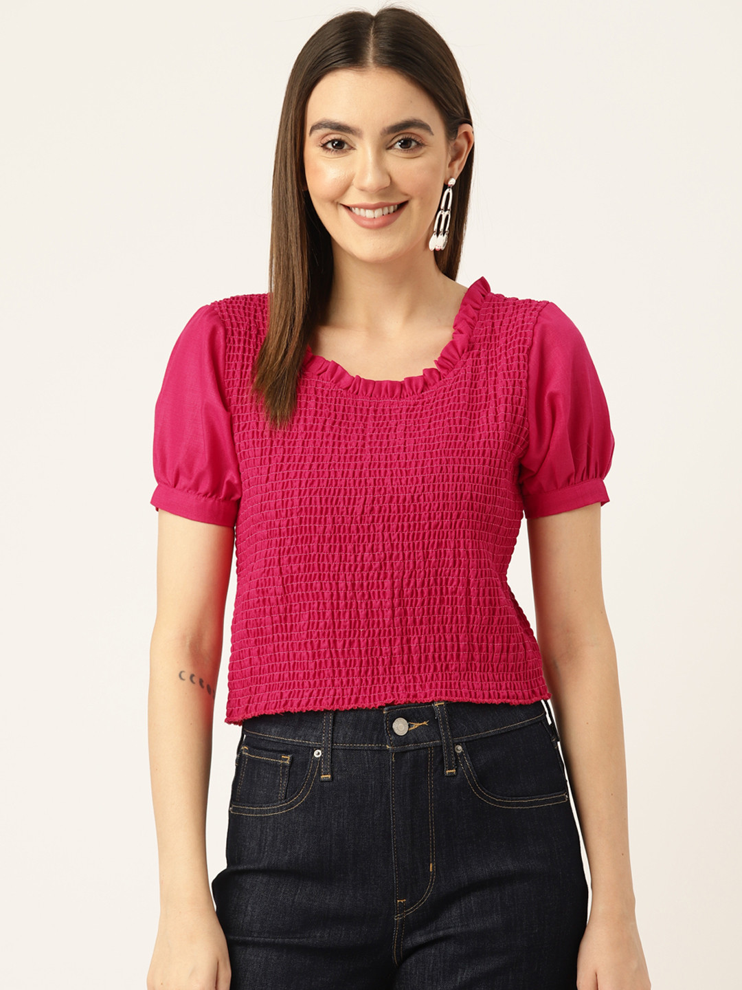 

Off Label Puff Sleeve Cotton Smocked Crop Top, Fuchsia