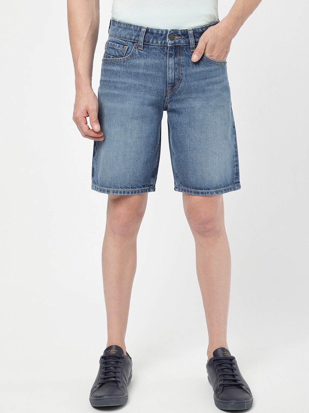 

Passion Men Mid-Rise Washed Cotton Denim Shorts, Blue