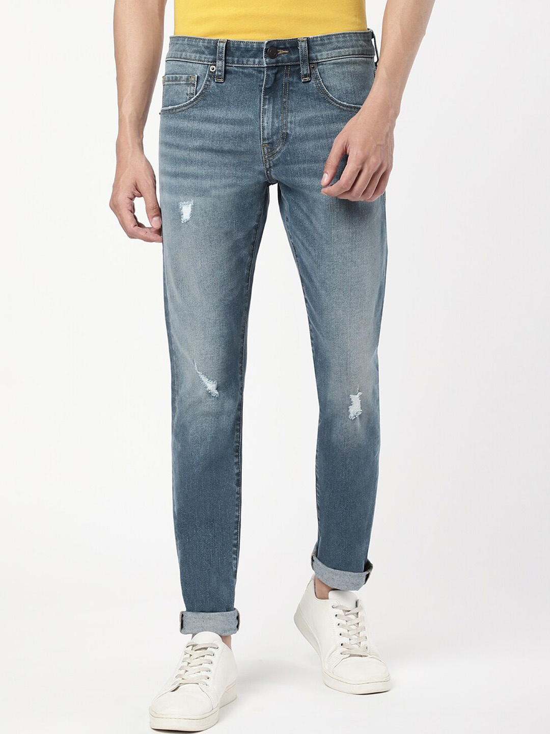 

Passion Men Slim Fit Mildly Distressed Light Fade Stretchable Cotton Jeans, Blue