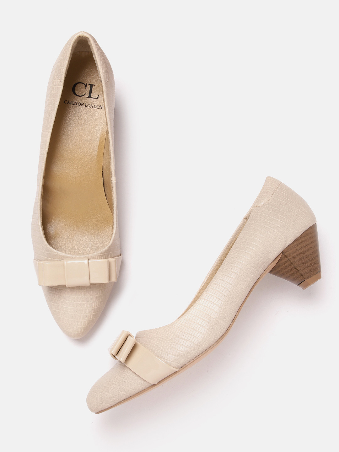 

Carlton London Textured Block Heel Pumps with Bow Detail, Beige
