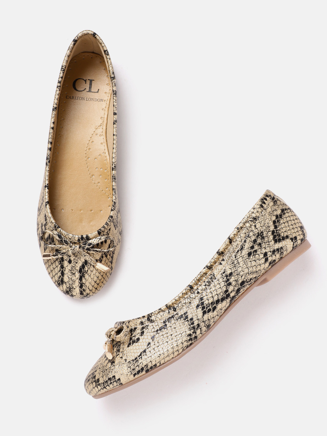 

Carlton London Women Snake Skin Textured Ballerinas With Bow Detail, Beige