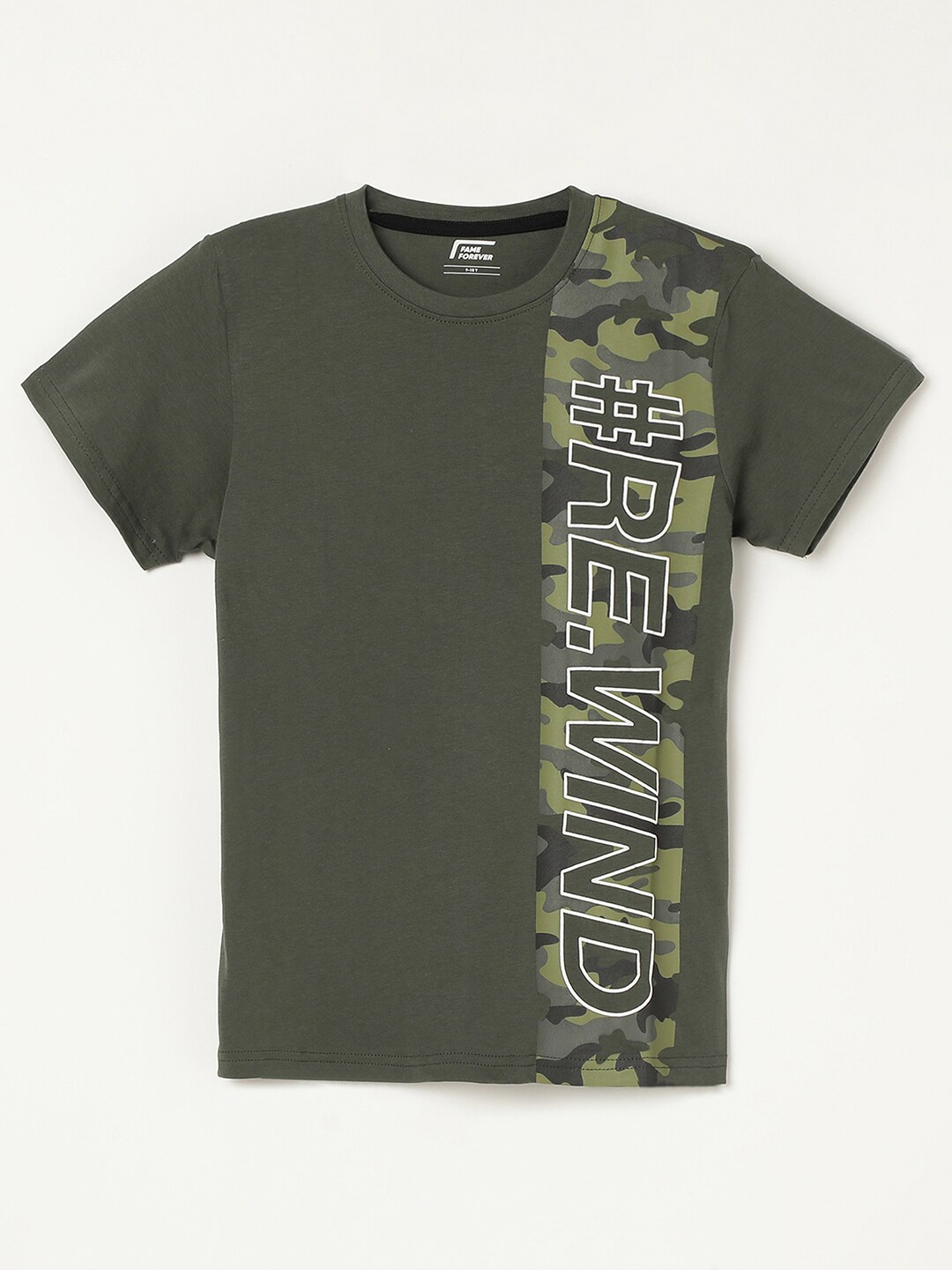 

Fame Forever by Lifestyle Boys Camouflage & Typography Printed Pure Cotton T-shirt, Olive