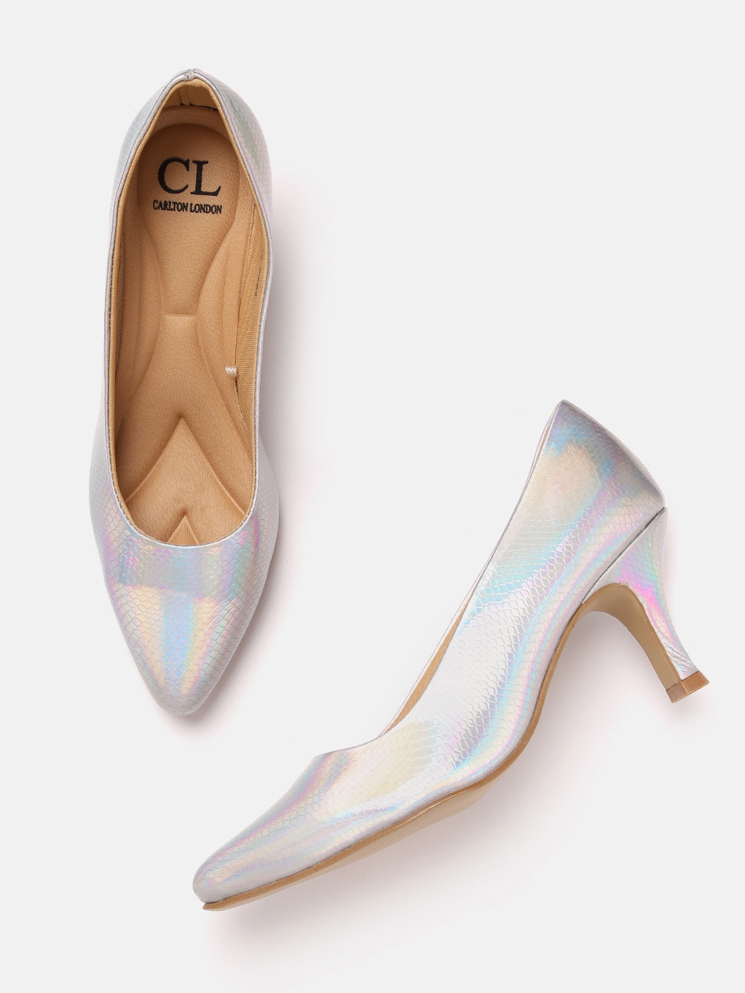 

Carlton London Women Snakeskin Textured Slim Heeled Pumps with Iridescent Effect, Silver