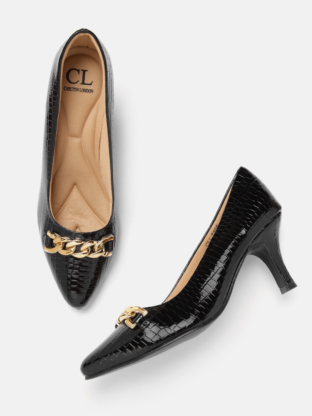 

Carlton London Women Croc Textured Slim Heeled Pumps with Chain Detail, Black