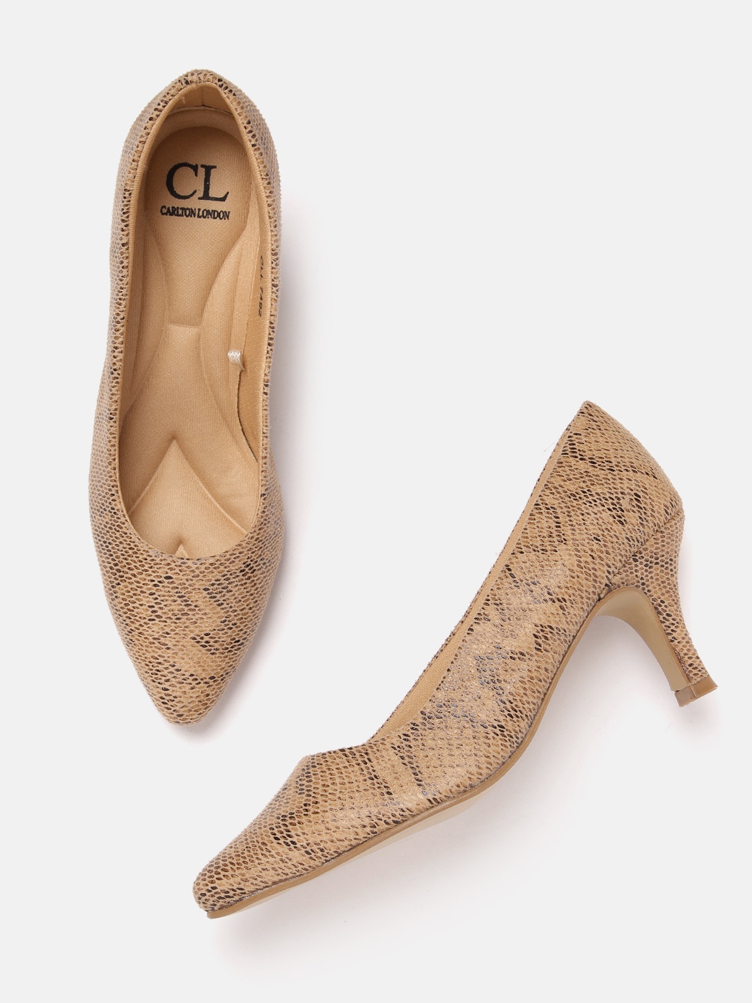 

Carlton London Women Snakeskin Textured Slim Heeled Pumps, Beige