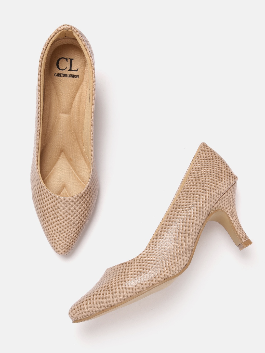 

Carlton London Women Snakeskin Textured Slim Heeled Pumps, Beige