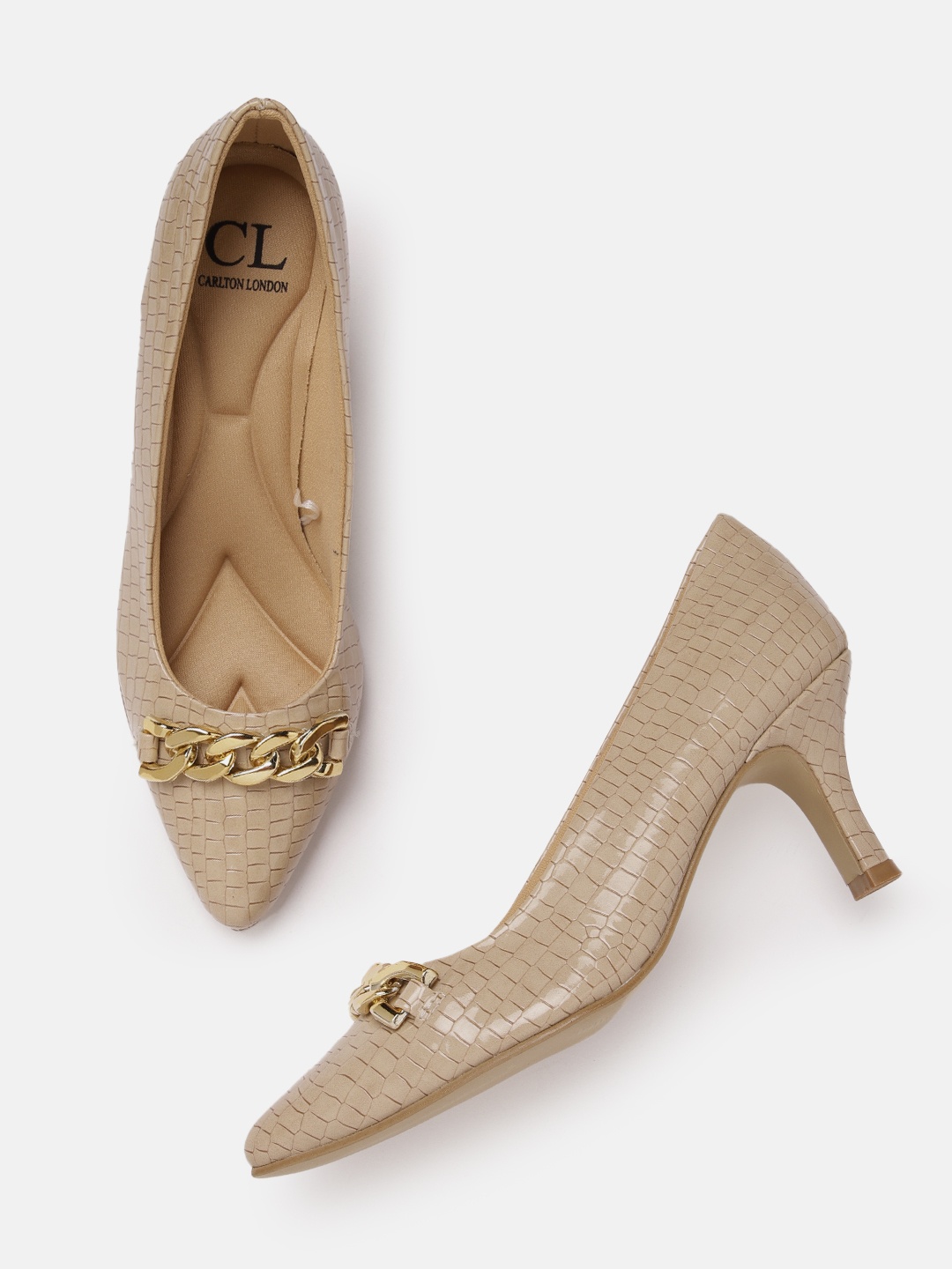 

Carlton London Women Croc Textured Slim Heeled Pumps with Chain Detail, Beige