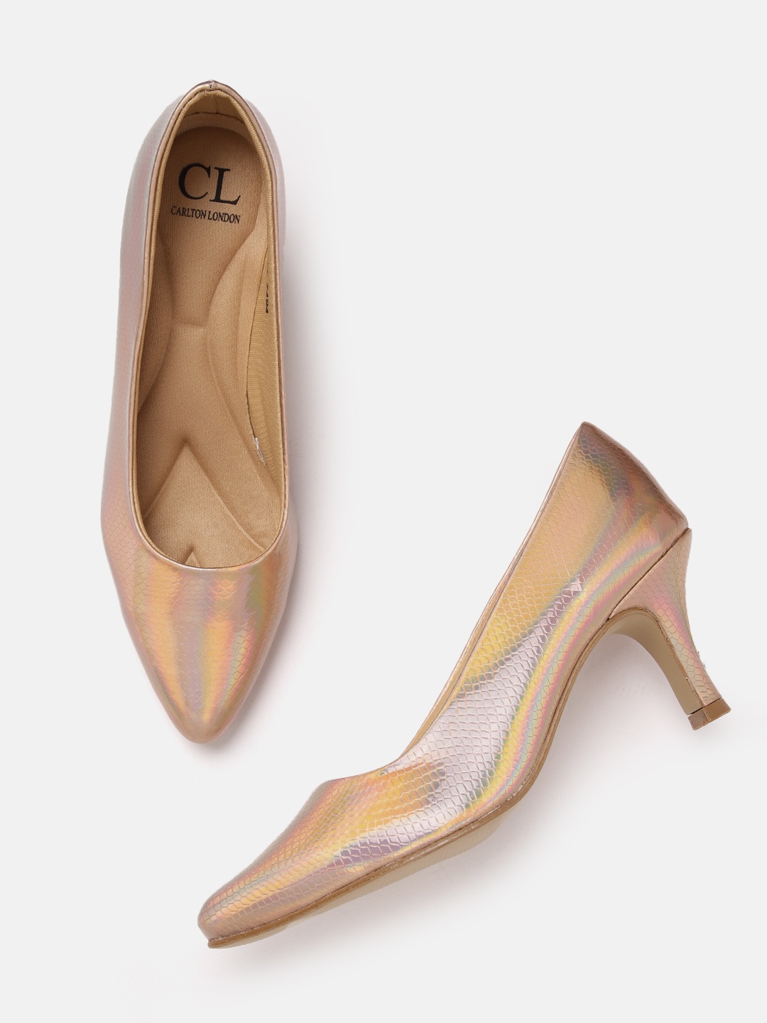 

Carlton London Women Snakeskin Textured Slim Heeled Pumps with Iridescent Effect, Rose gold