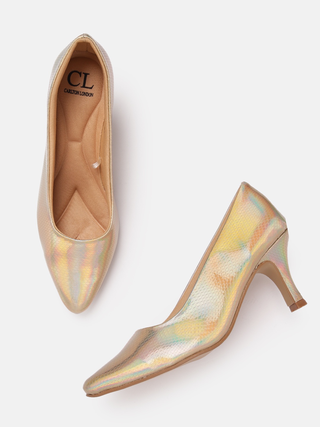 

Carlton London Women Snakeskin Textured Slim Heeled Pumps with Iridescent Effect, Gold