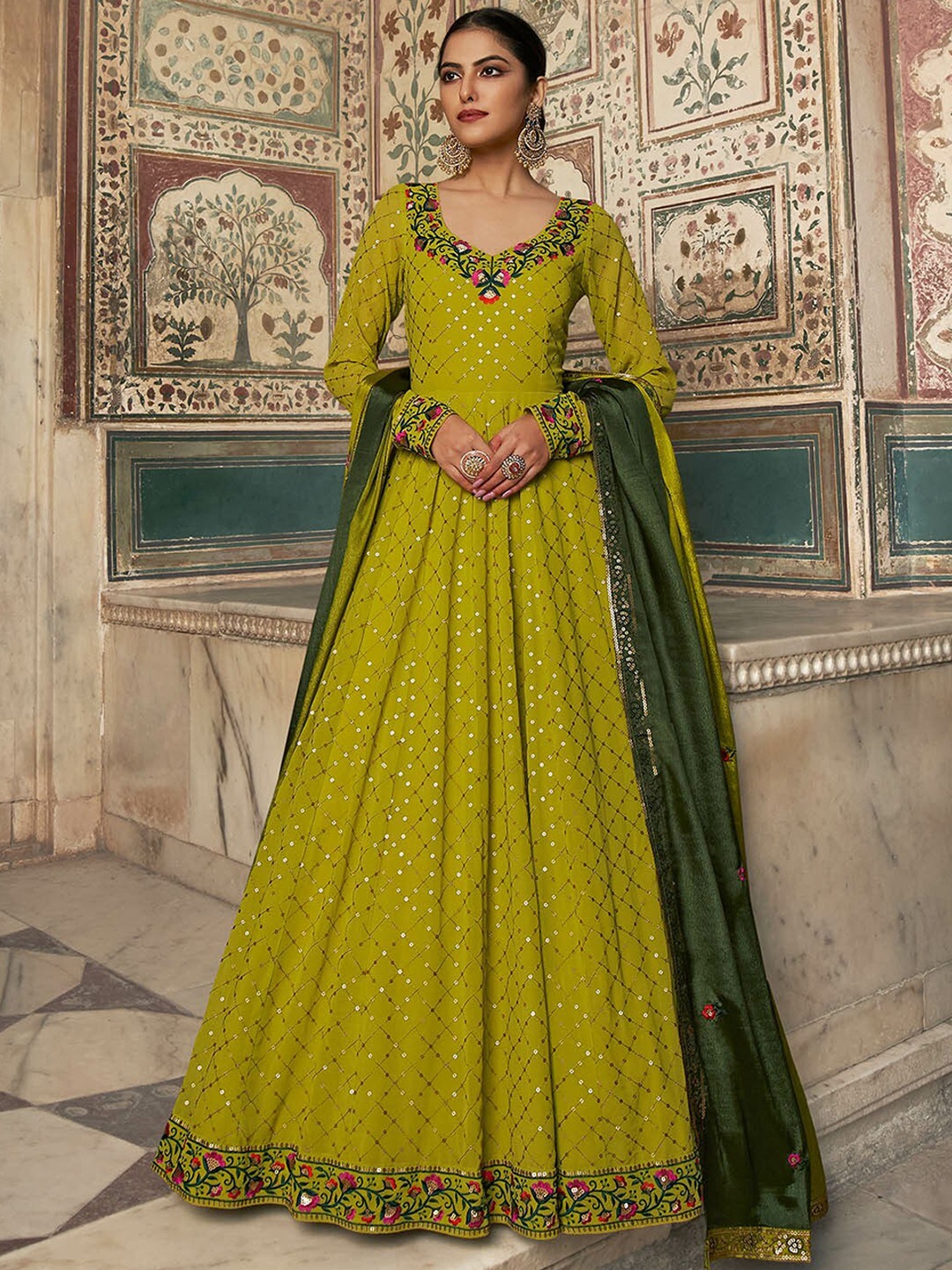 

ODETTE Embellished Semi-Stitched Dress Material, Green