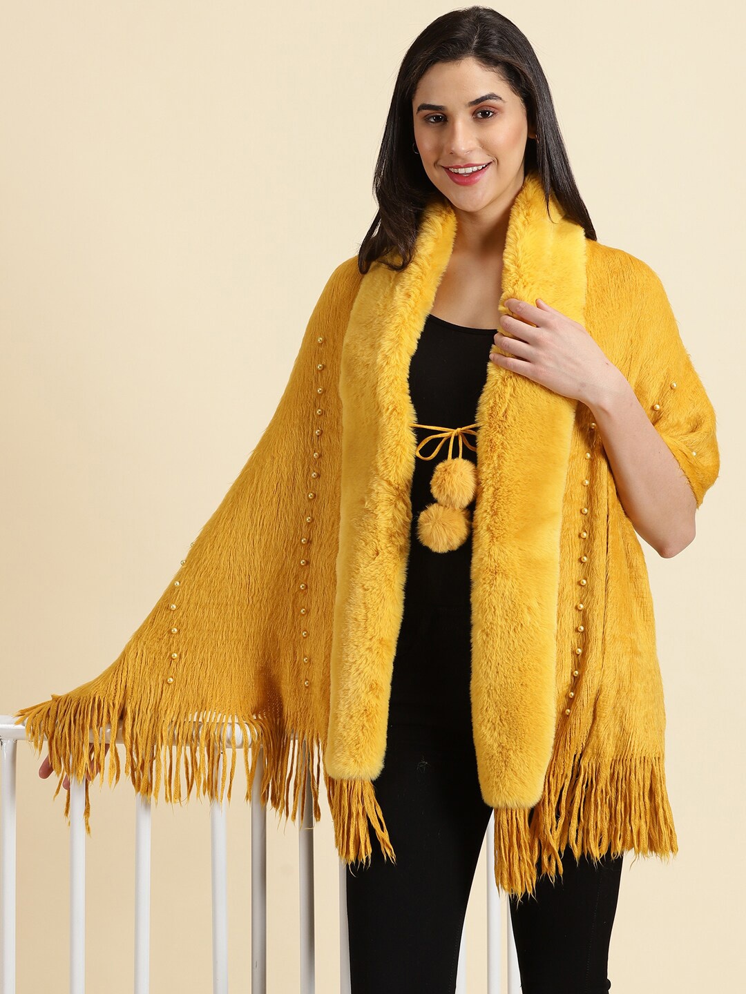 

SHOWOFF Shawl Collar Wool Poncho With Fuzzy Detail, Mustard