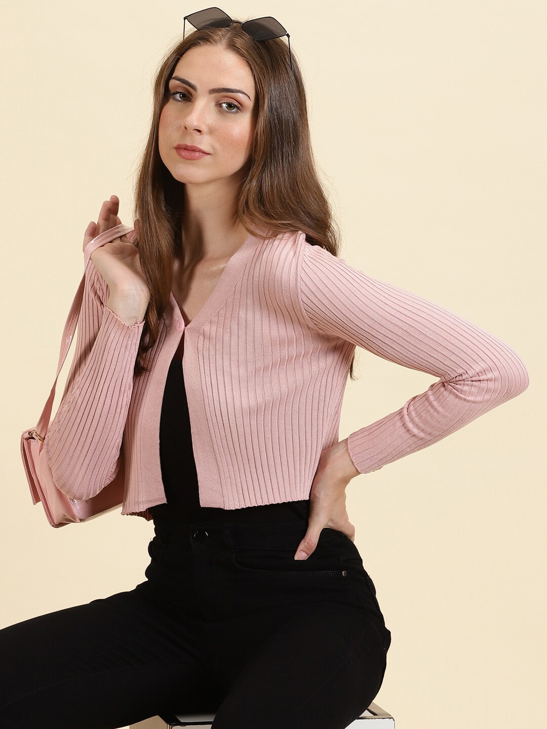 

SHOWOFF Ribbed V Neck Long Sleeves Acrylic Crop Cardigan, Pink