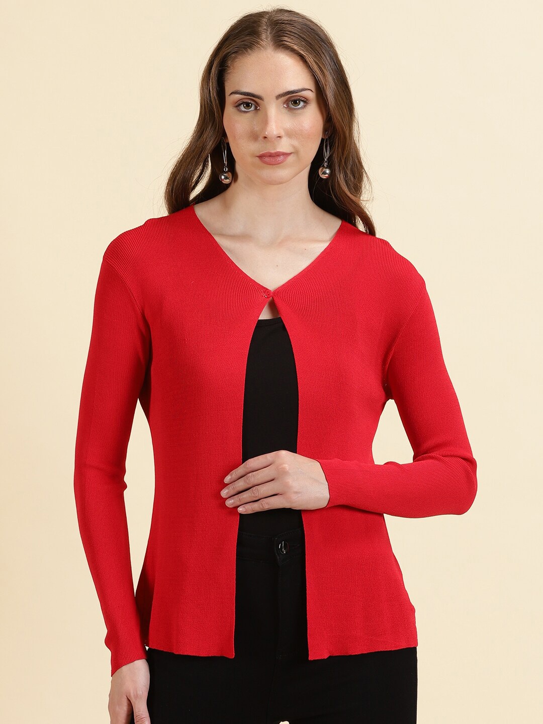 

SHOWOFF V Neck Long Sleeves Acrylic Cardigan, Red