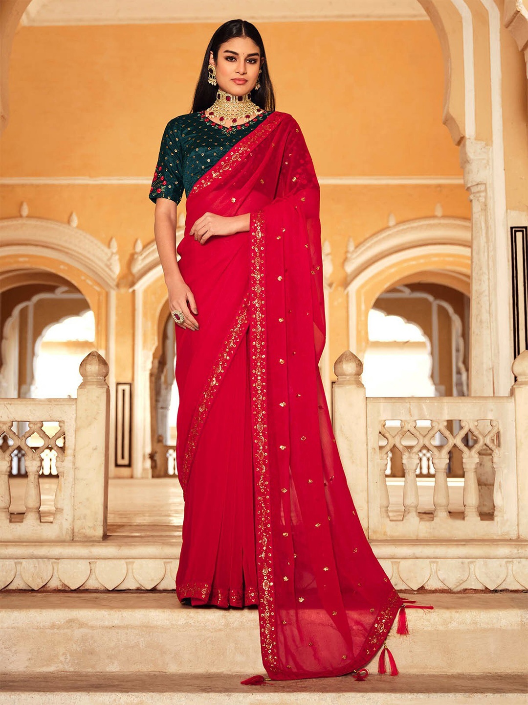 

ODETTE Sequin Embellished Saree, Red