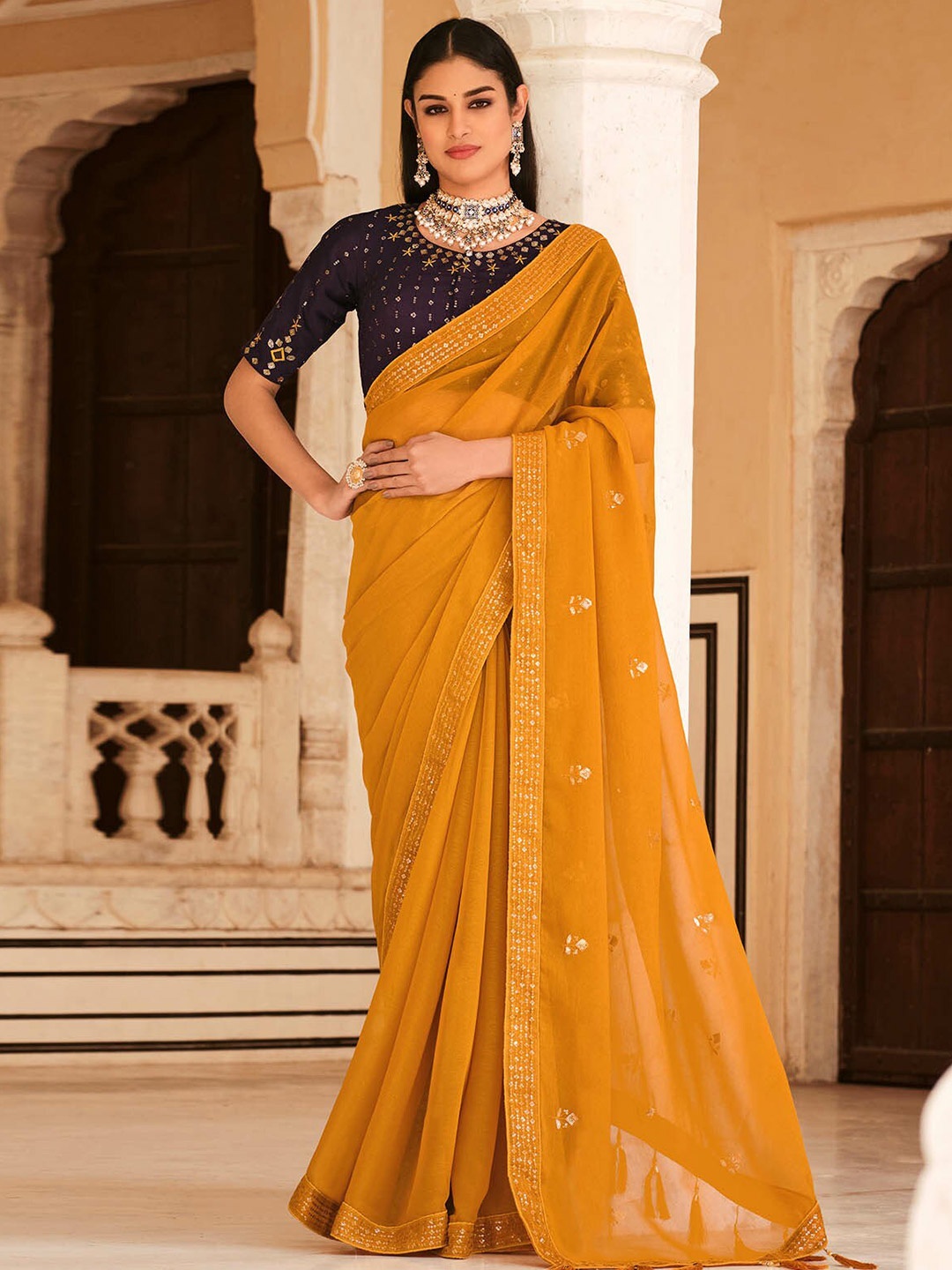 

ODETTE Sequin Embellished Saree, Yellow