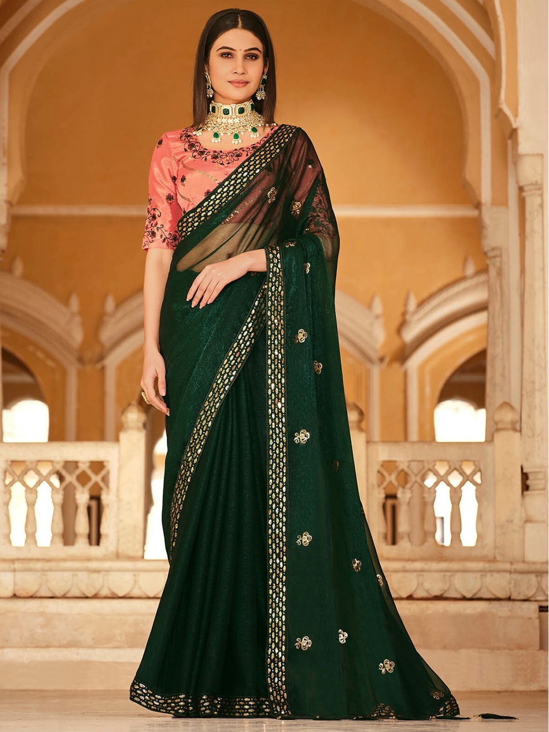 

ODETTE Sequin Embellished Saree, Green