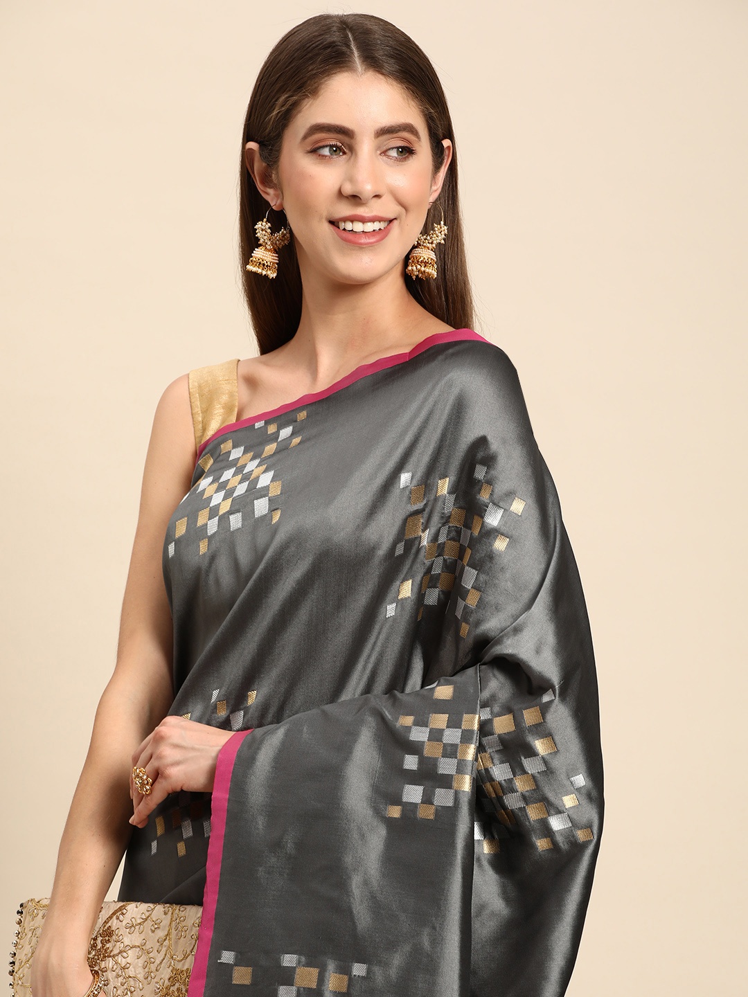 

VASTRANAND Zari Silk Blend Banarasi Saree, Grey