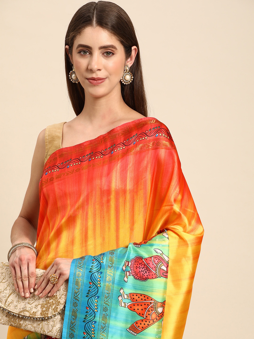 

VASTRANAND Kalamkari Silk Blend Block Print Saree, Yellow