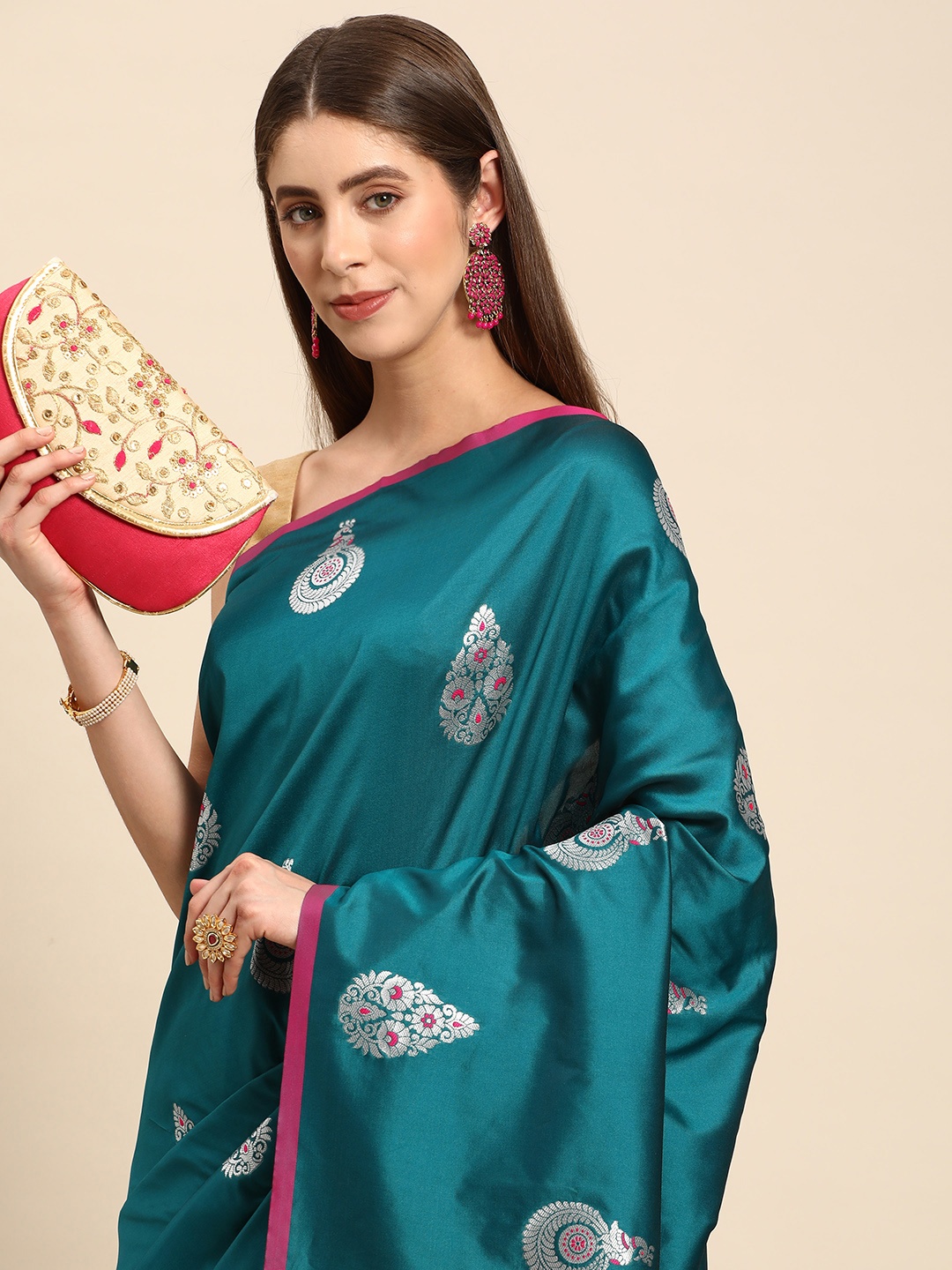 

VASTRANAND Ethnic Motifs Zari Silk Blend Banarasi Saree, Teal