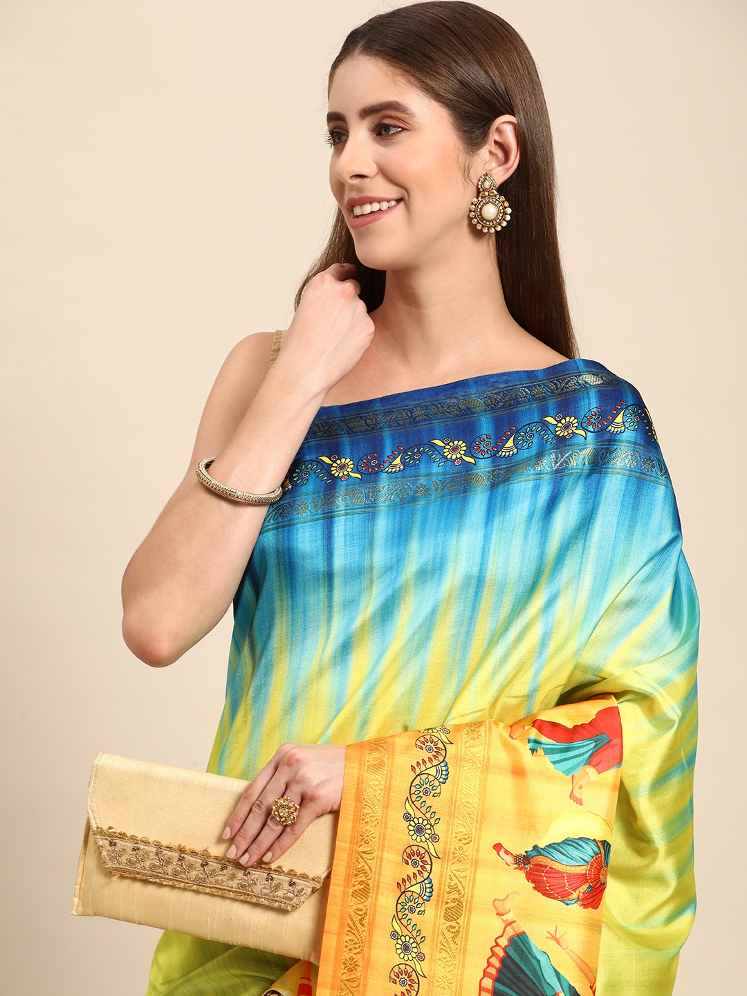 

VASTRANAND Kalamkari Silk Blend Block Print Saree, Green