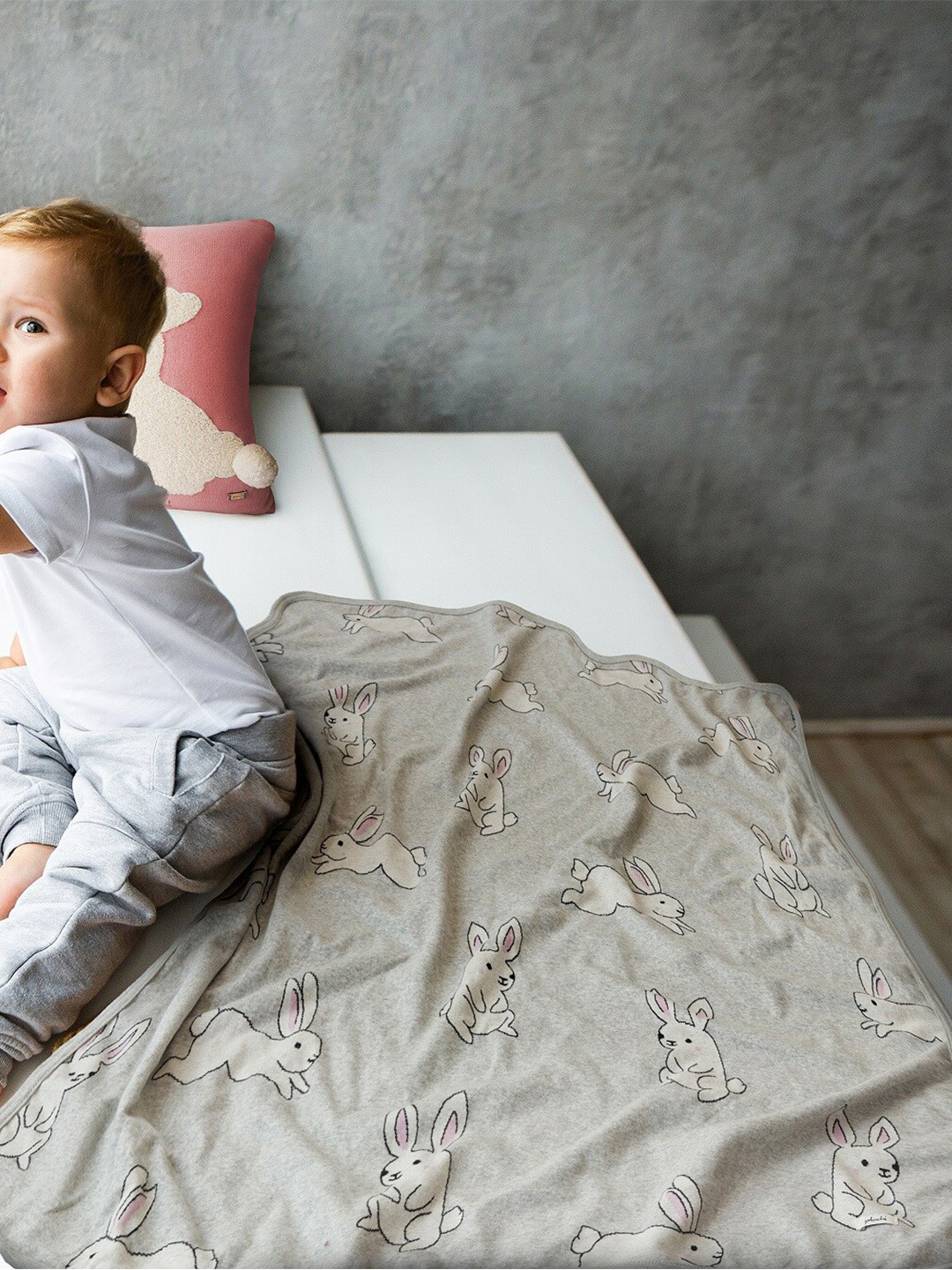 

Pluchi Kids Grey Melange & White Rabbit AC Room 350 GSM Cotton Knitted Single Bed Blanket