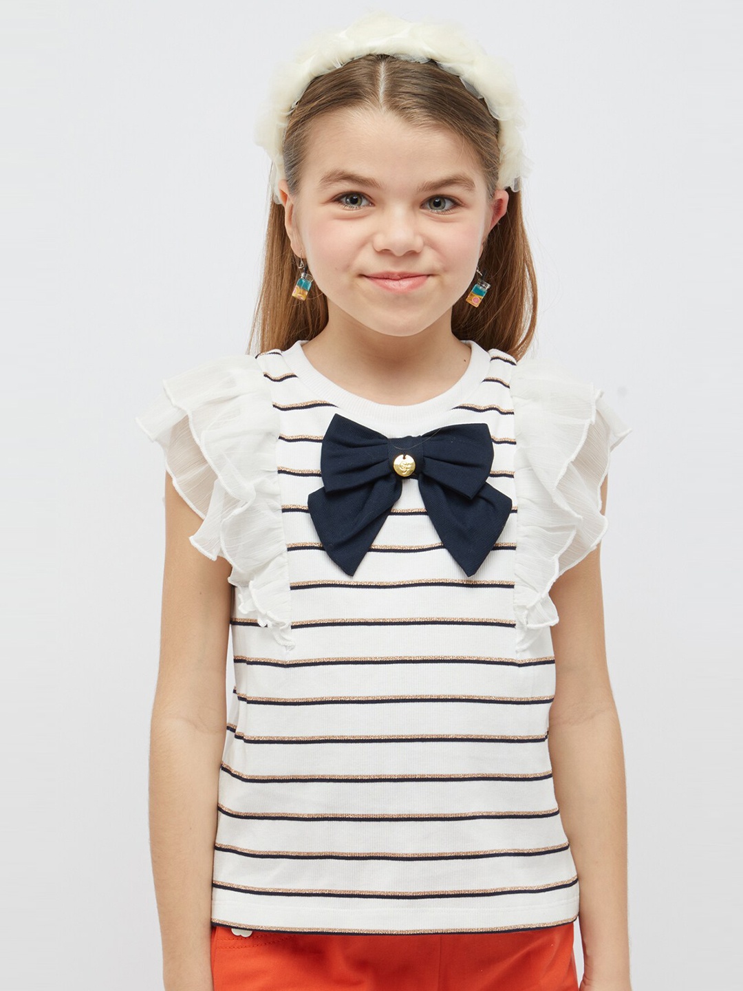 

One Friday Striped Flutter Sleeves Cotton Top, Off white