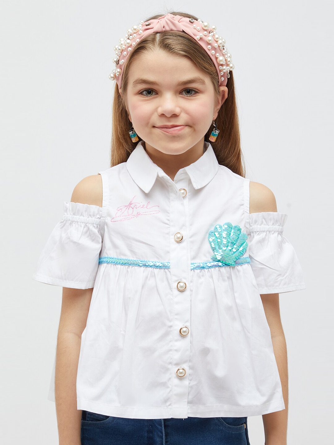 

One Friday Cold-Shoulder Embellished Shirt Style Cotton Top, Off white