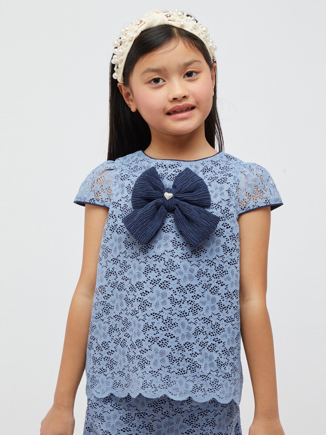 

One Friday Self Design Cap sleeves Lace Top, Blue