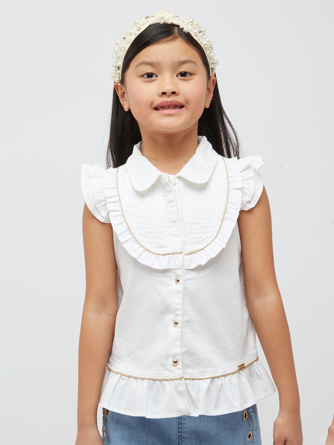 

One Friday Girls Flutter Sleeves Ruffled Pure Cotton Shirt Style Top, Off white