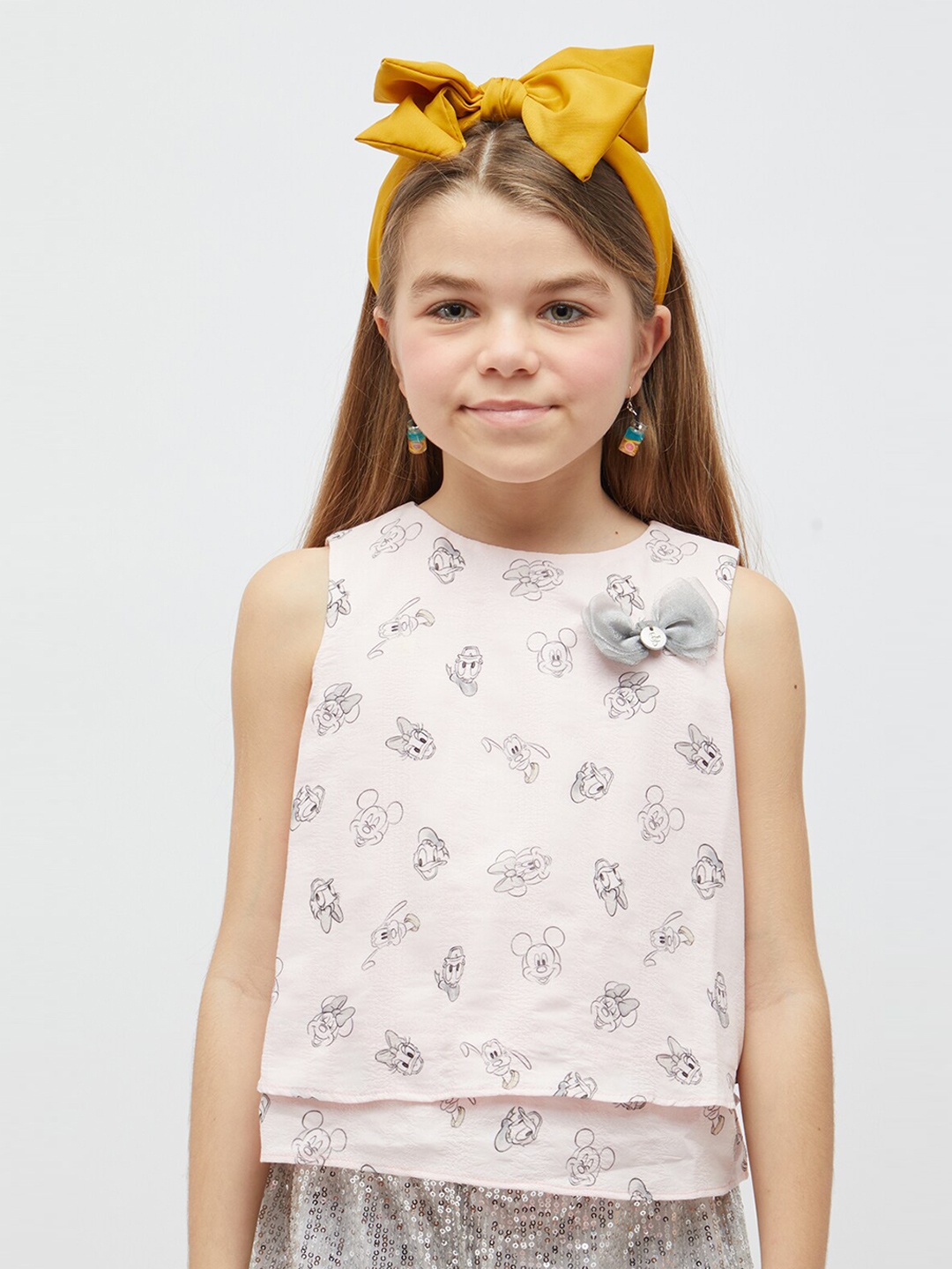 

One Friday Bow Detail Disney Sleeveless Conversational Printed Cotton Top, Pink