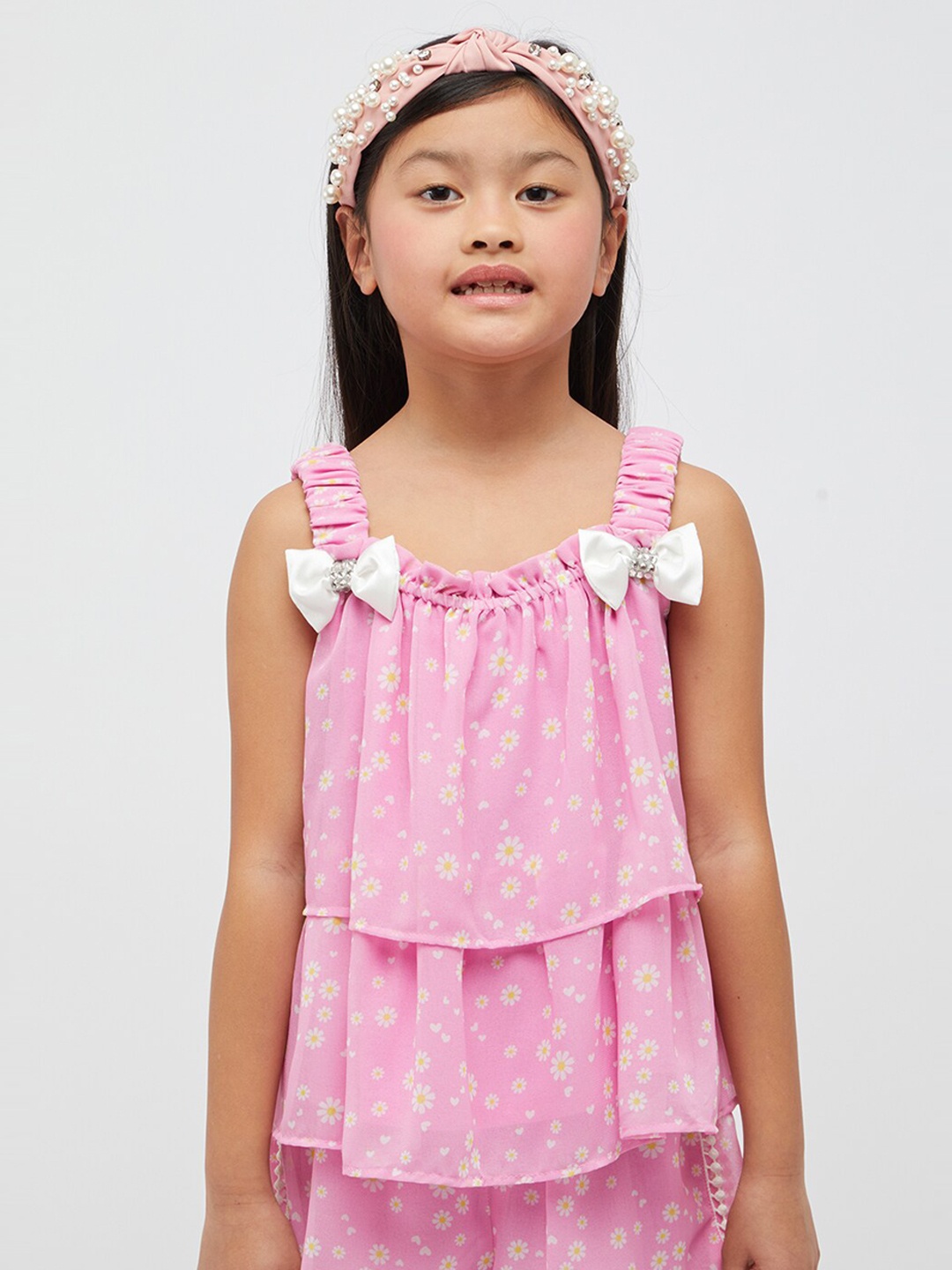 

One Friday Layered Bow Detail Sleeveless Floral Print Top, Pink
