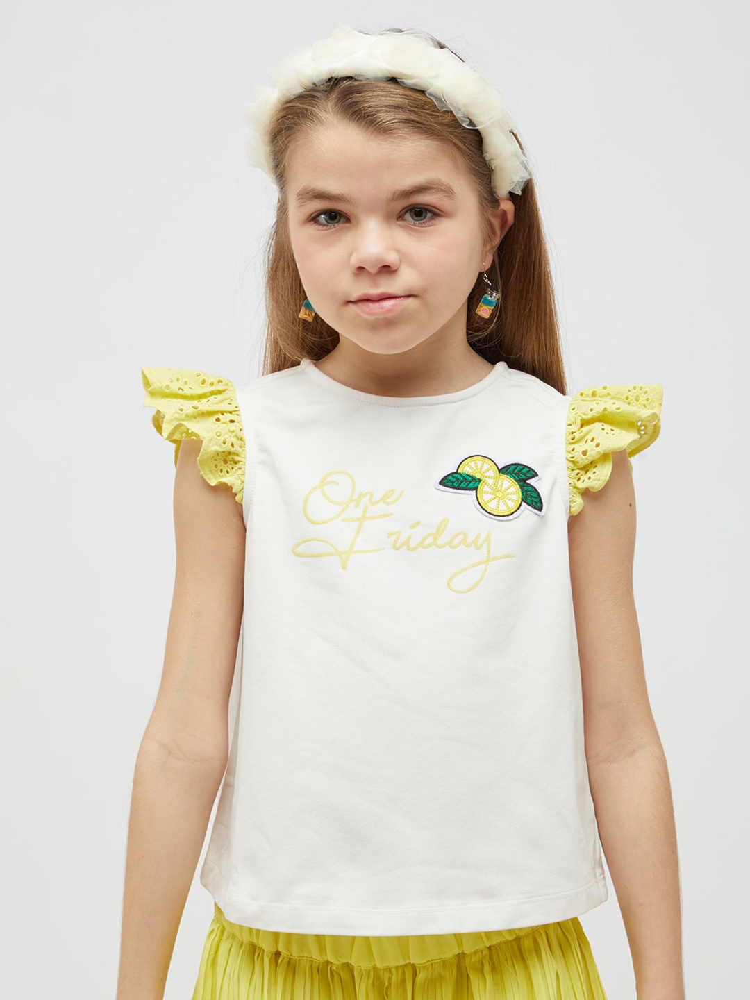 

One Friday Typography Printed Flutter Sleeve Cotton Top, Off white