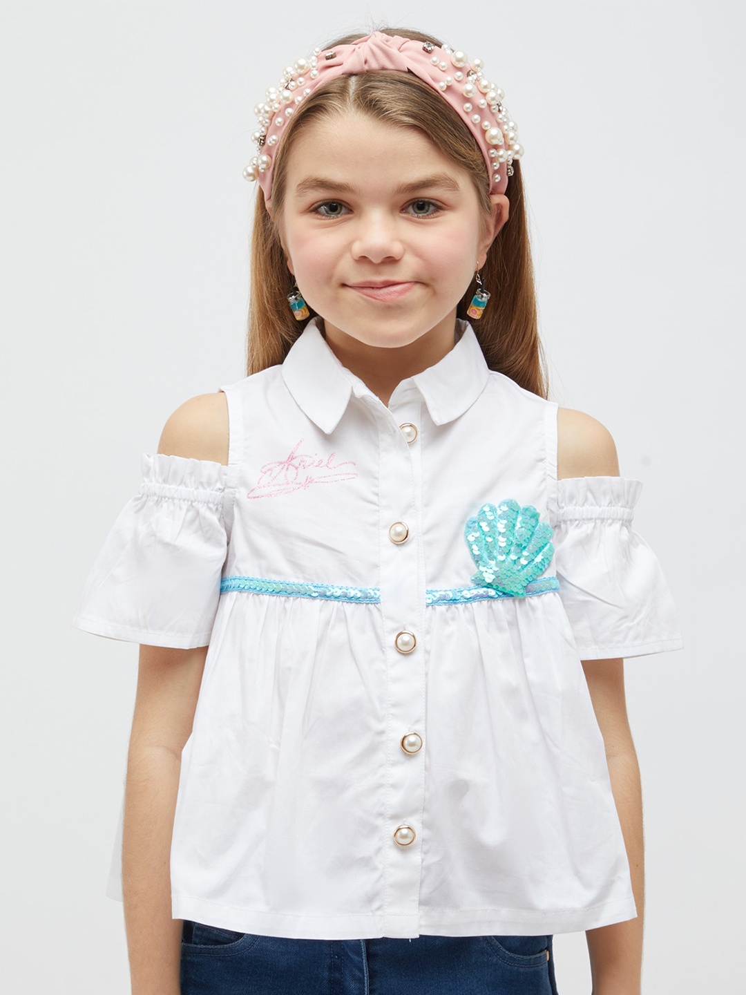 

One Friday Disney Printed Cold-Shoulder Pure Cotton Shirt Style Top, White