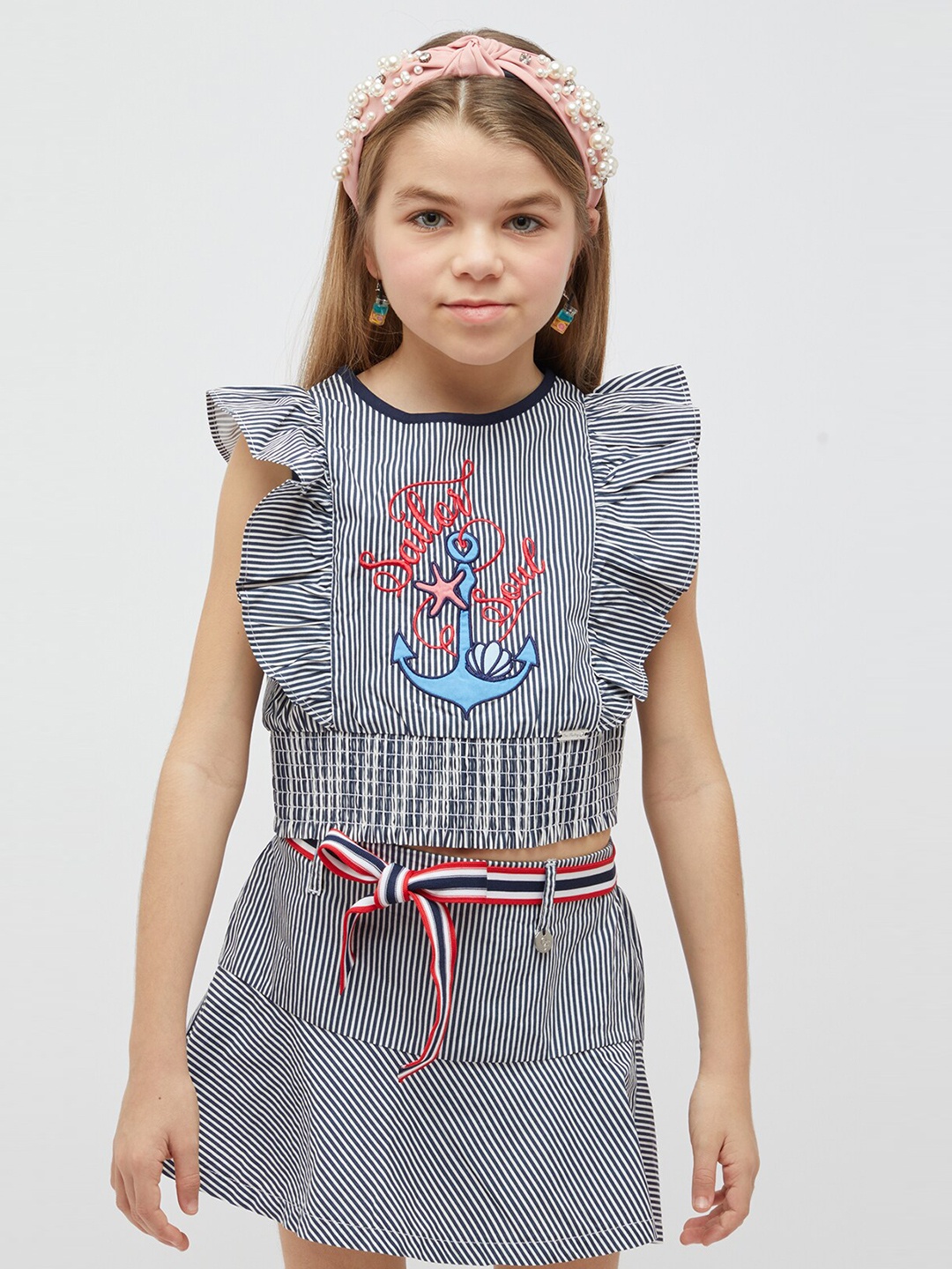 

One Friday Girls Striped Ruffled Smocked Applique Detail Pure Cotton Crop Top, Navy blue