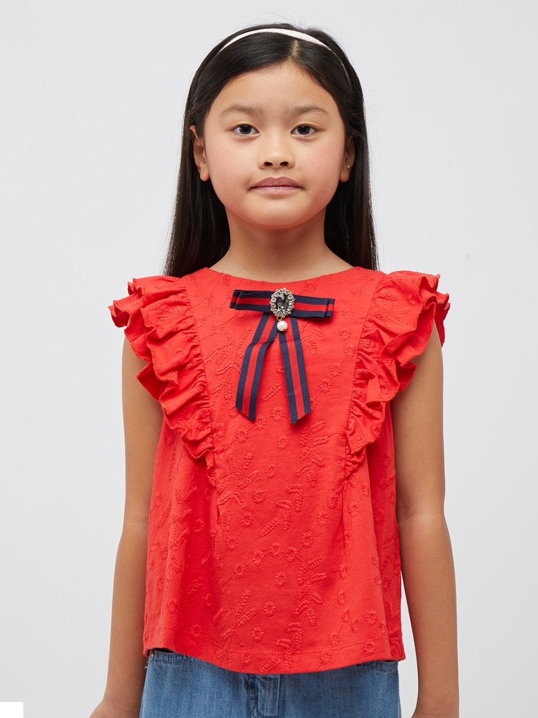 

One Friday Flutter Sleeves Floral Embroidered Cotton Top, Red