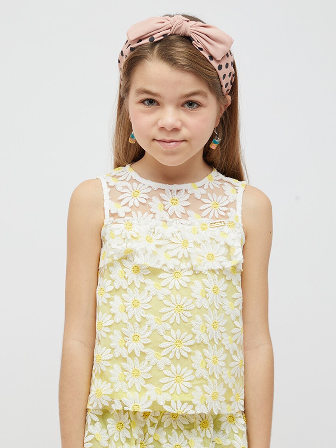 

One Friday Girls Floral Embroidered Ruffled Top, Yellow