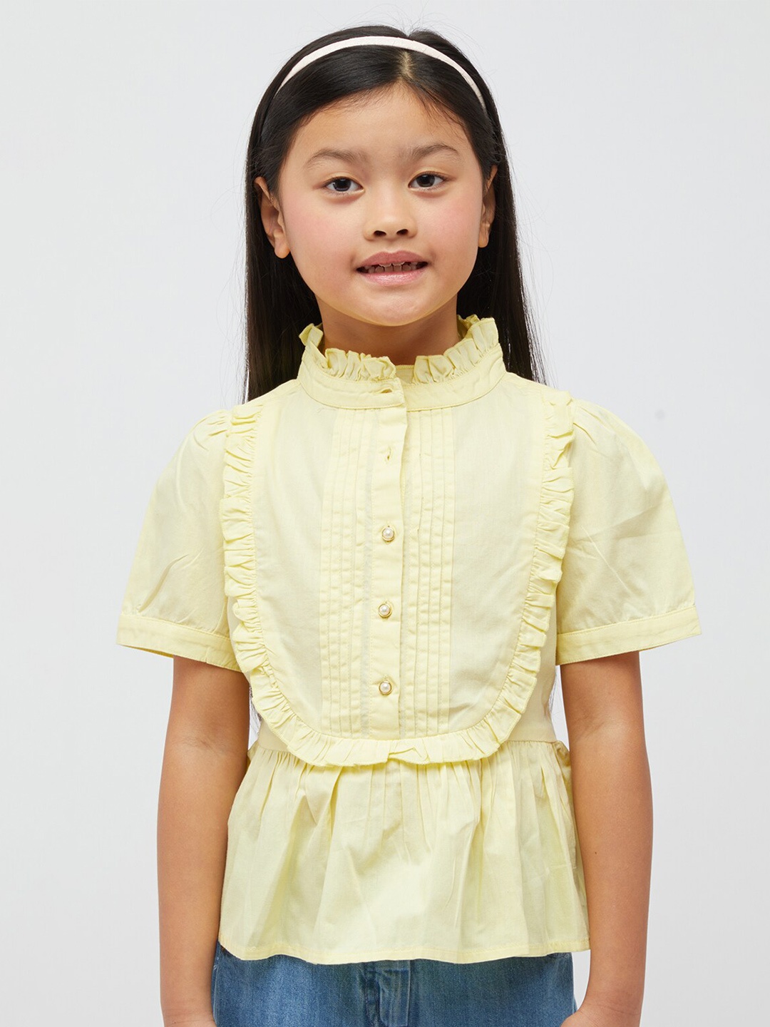 

One Friday Ruffled Pure Cotton Peplum Top, Yellow