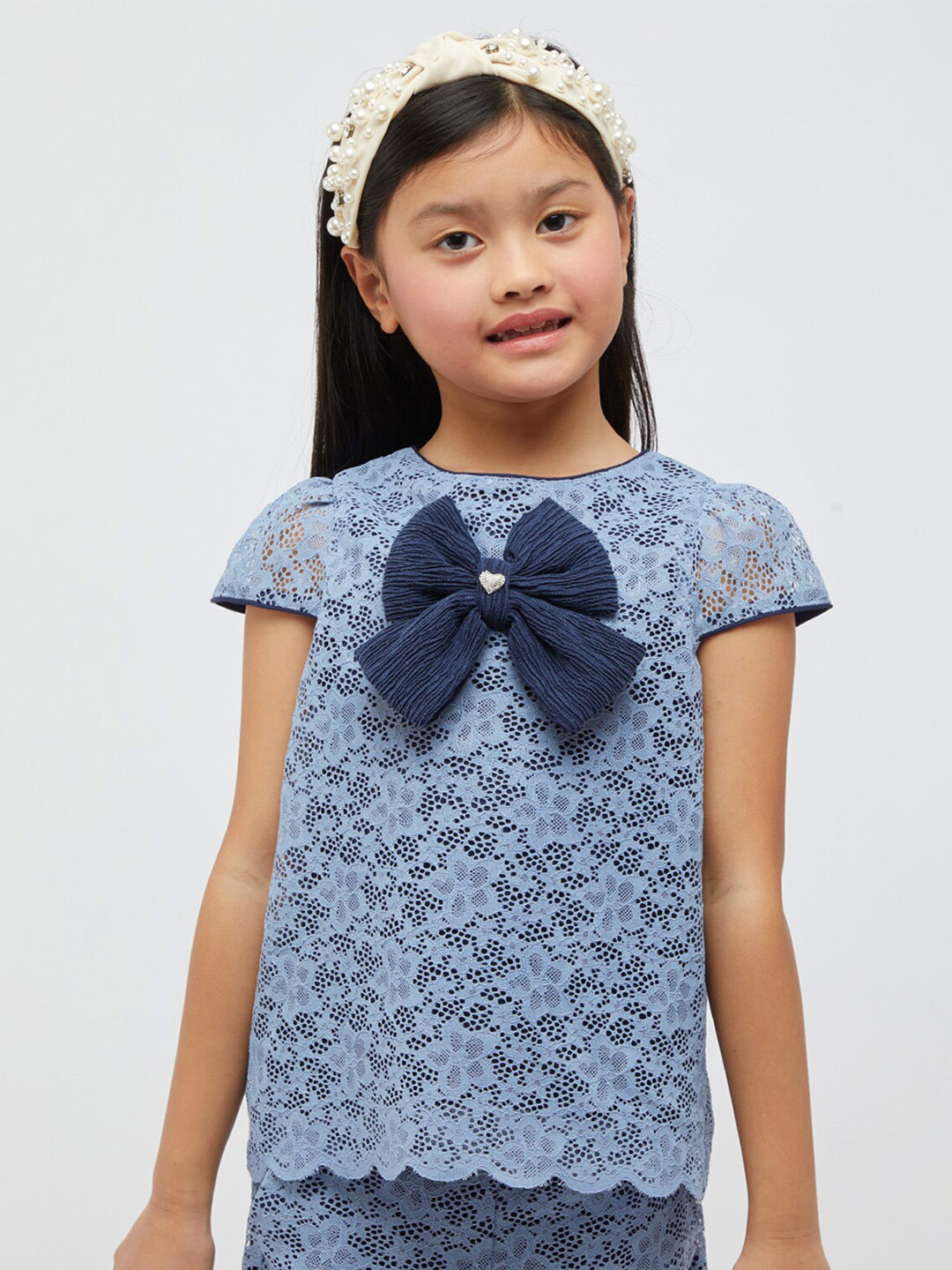 

One Friday Girls Self Design Bow Detail Lace Up Top, Blue