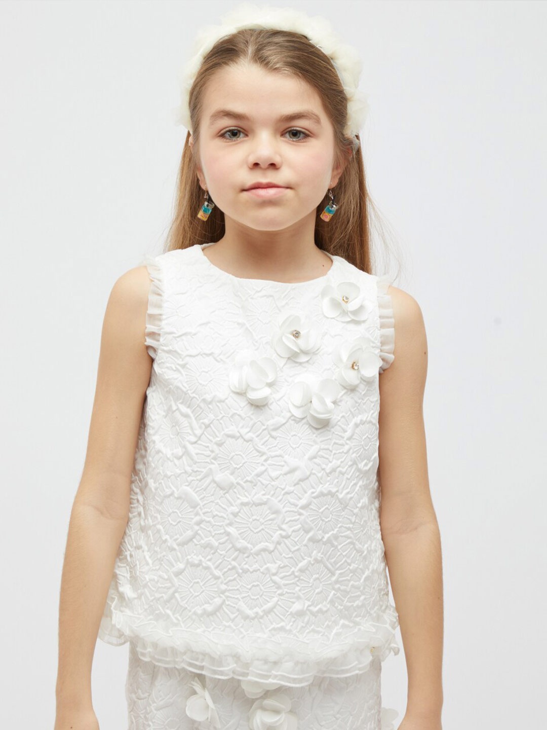 

One Friday Applique Ruffled Self Design Top, White
