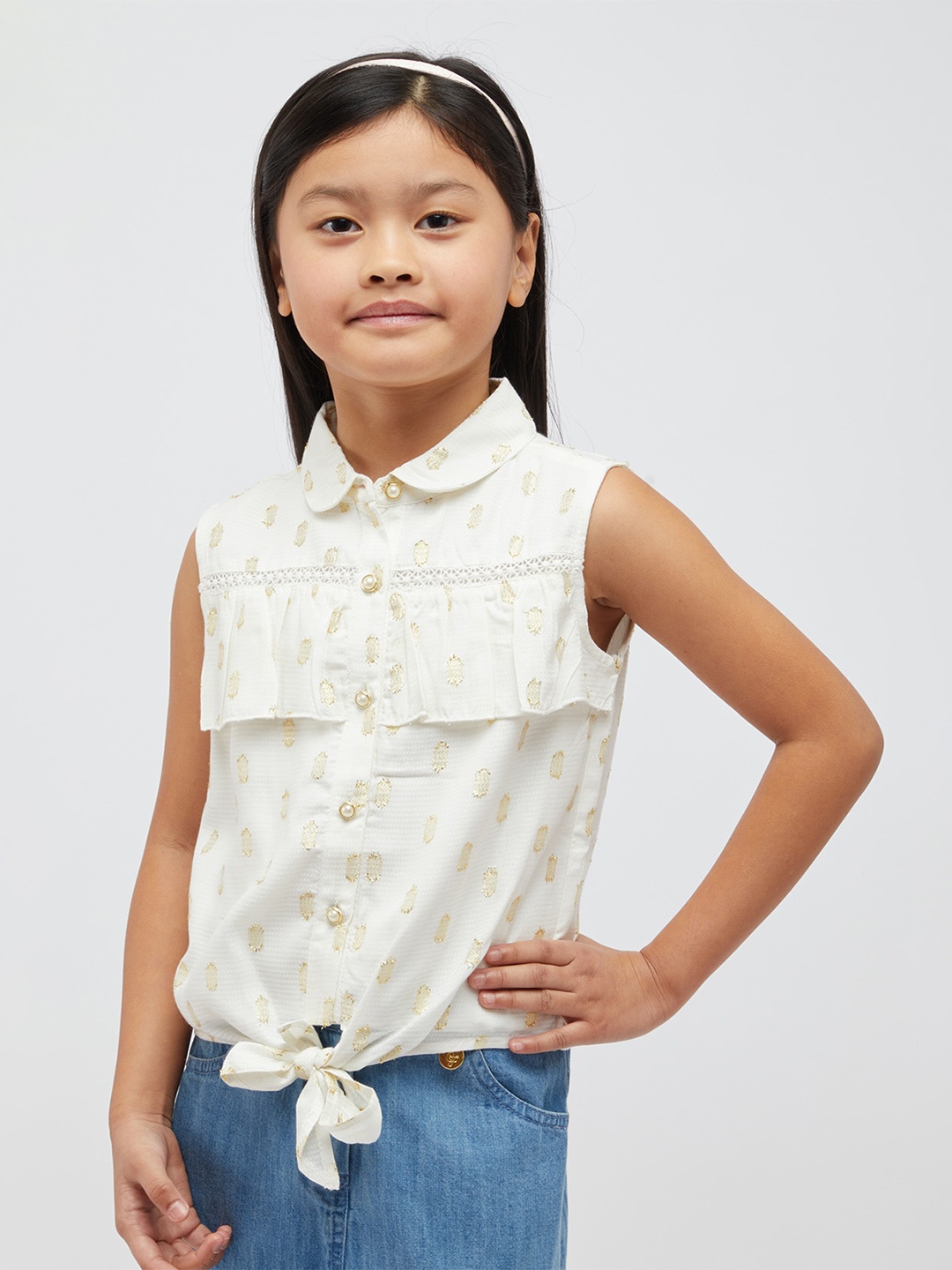 

One Friday Waist Tie-Up Self Design Shirt Style Top, Off white
