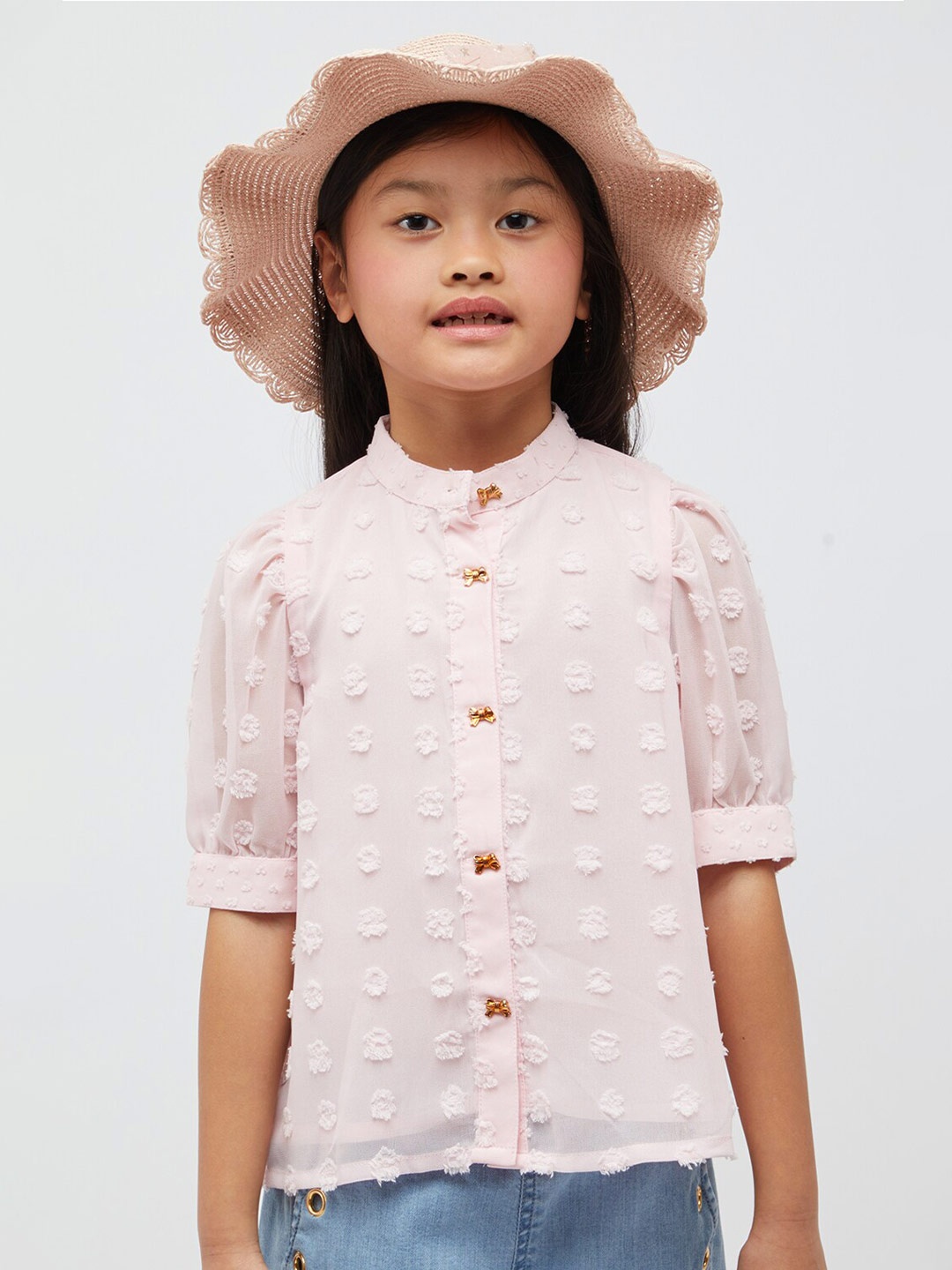 

One Friday Girls Self Design Mandarin Collar Puff Sleeves Shirt Style Top, Peach
