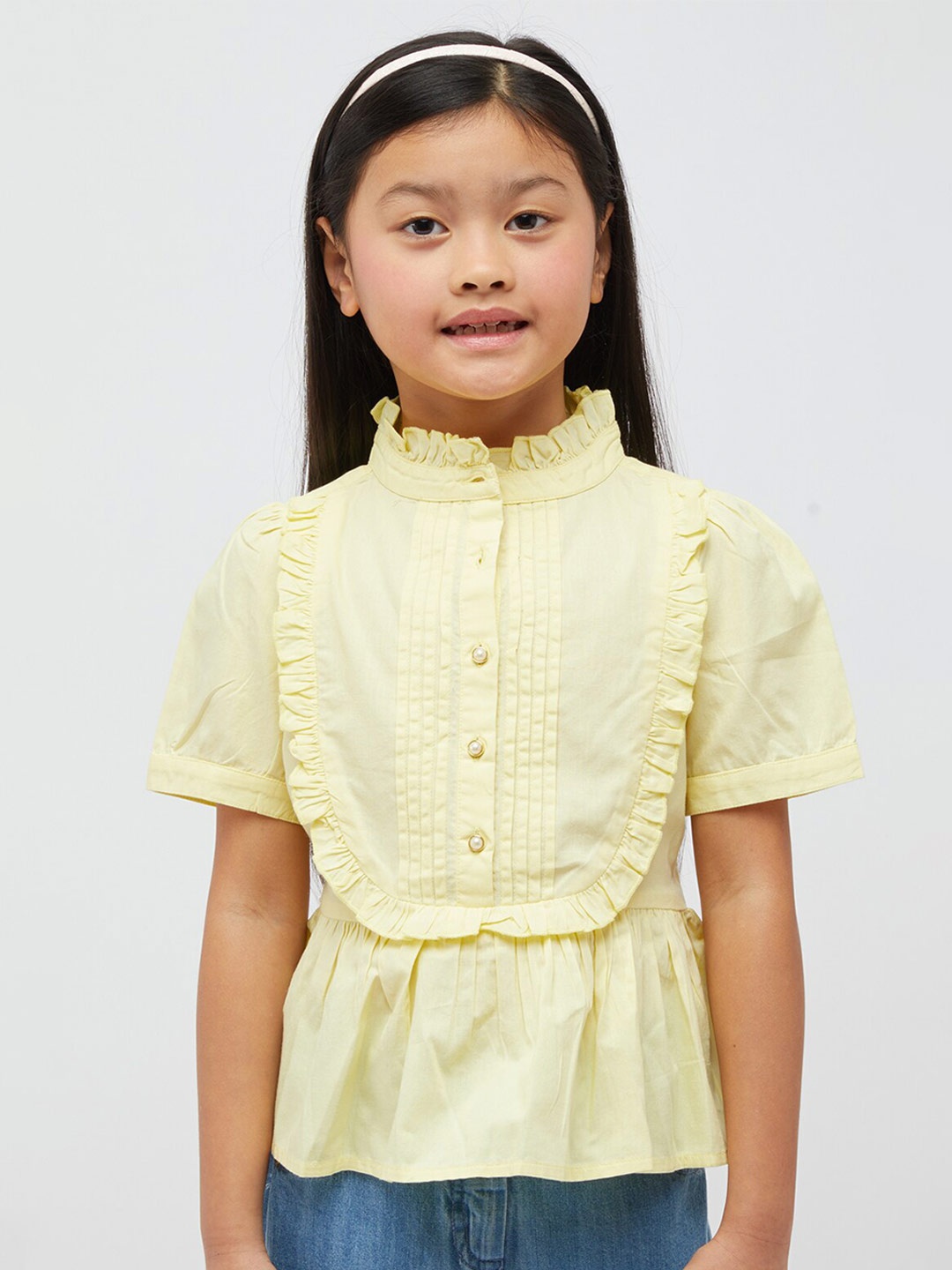 

One Friday Ruffles Detail Cinched Waist Cotton Top, Yellow