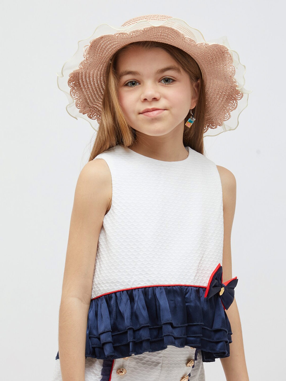 

One Friday Girls Self Design Bow Detail Ruffled Peplum Top, Off white