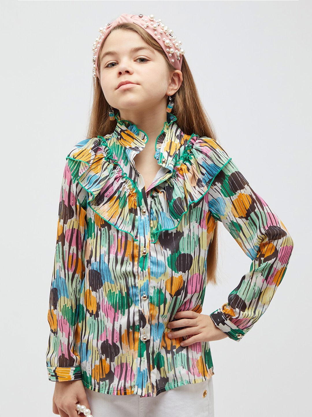 

One Friday Ruffled Abstract Printed Shirt Style Top, Green