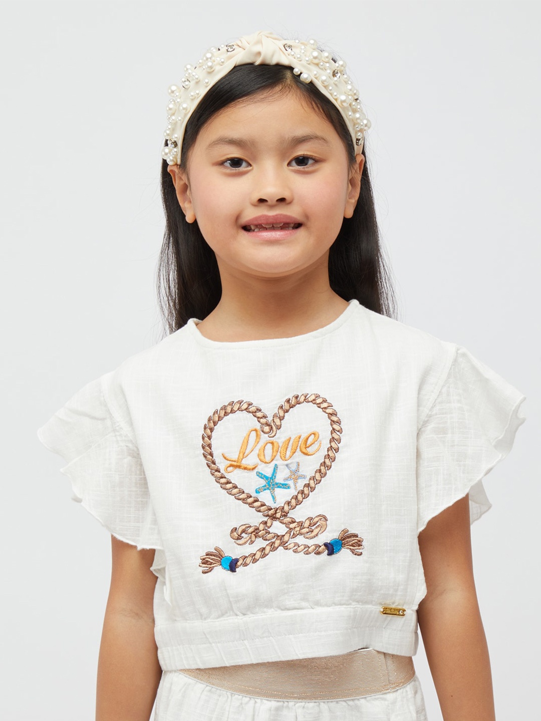 

One Friday Flutter Sleeves Typography Embroidered Cotton Crop Top, Off white