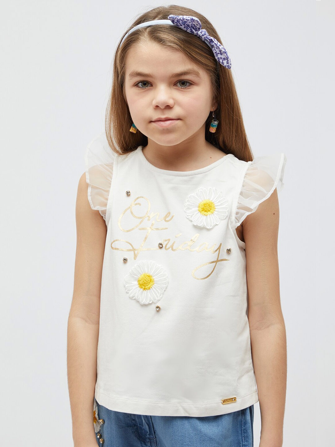 

One Friday Girls Typography Printed Flutter Sleeve Applique Detail Top, Off white