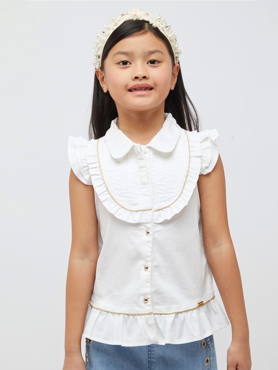 

One Friday Girls Flutter Sleeves Ruffled Pure Cotton Shirt Style Top, Off white