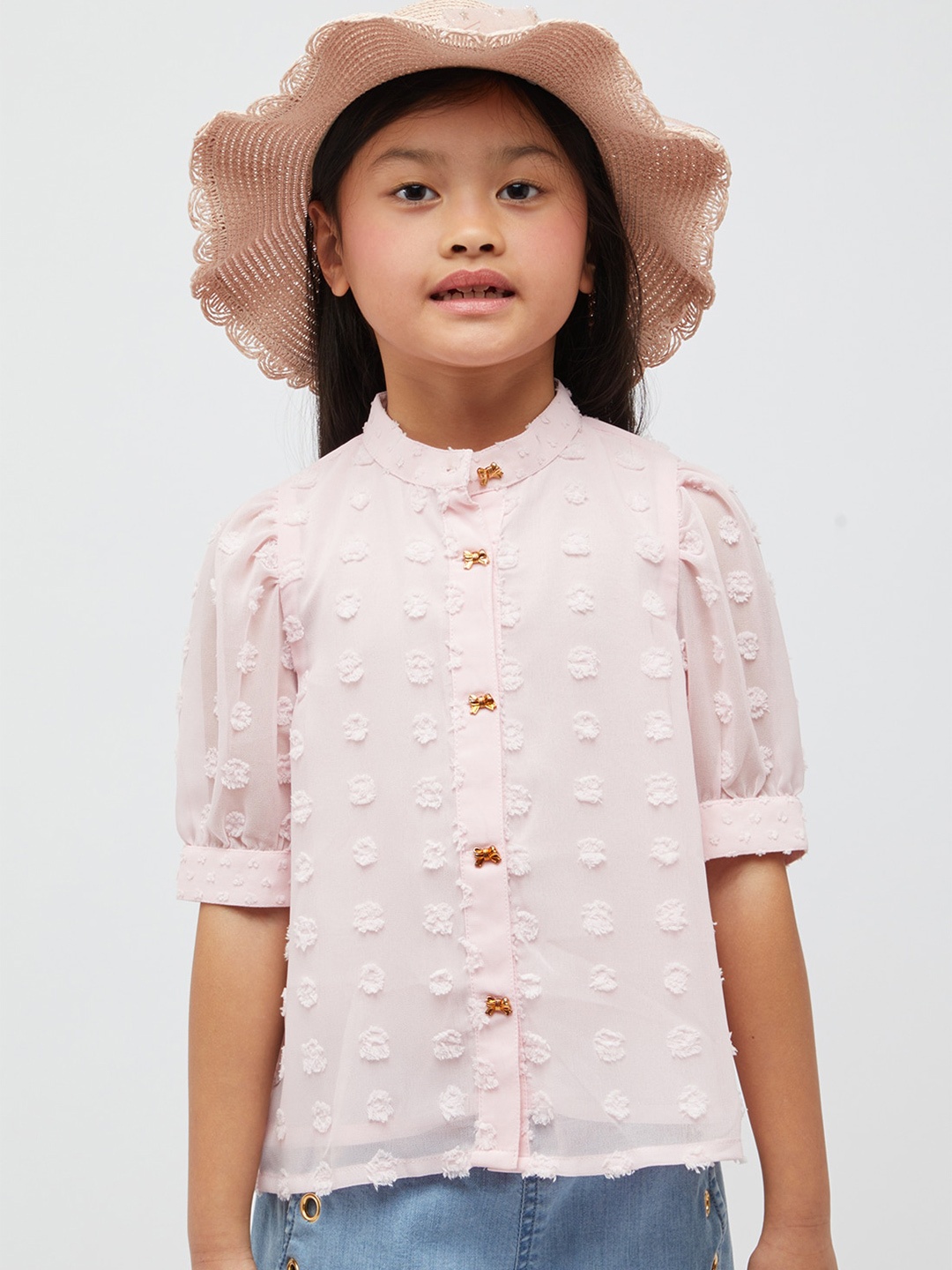 

One Friday Girls Self Design Mandarin Collar Puff Sleeves Shirt Style Top, Peach