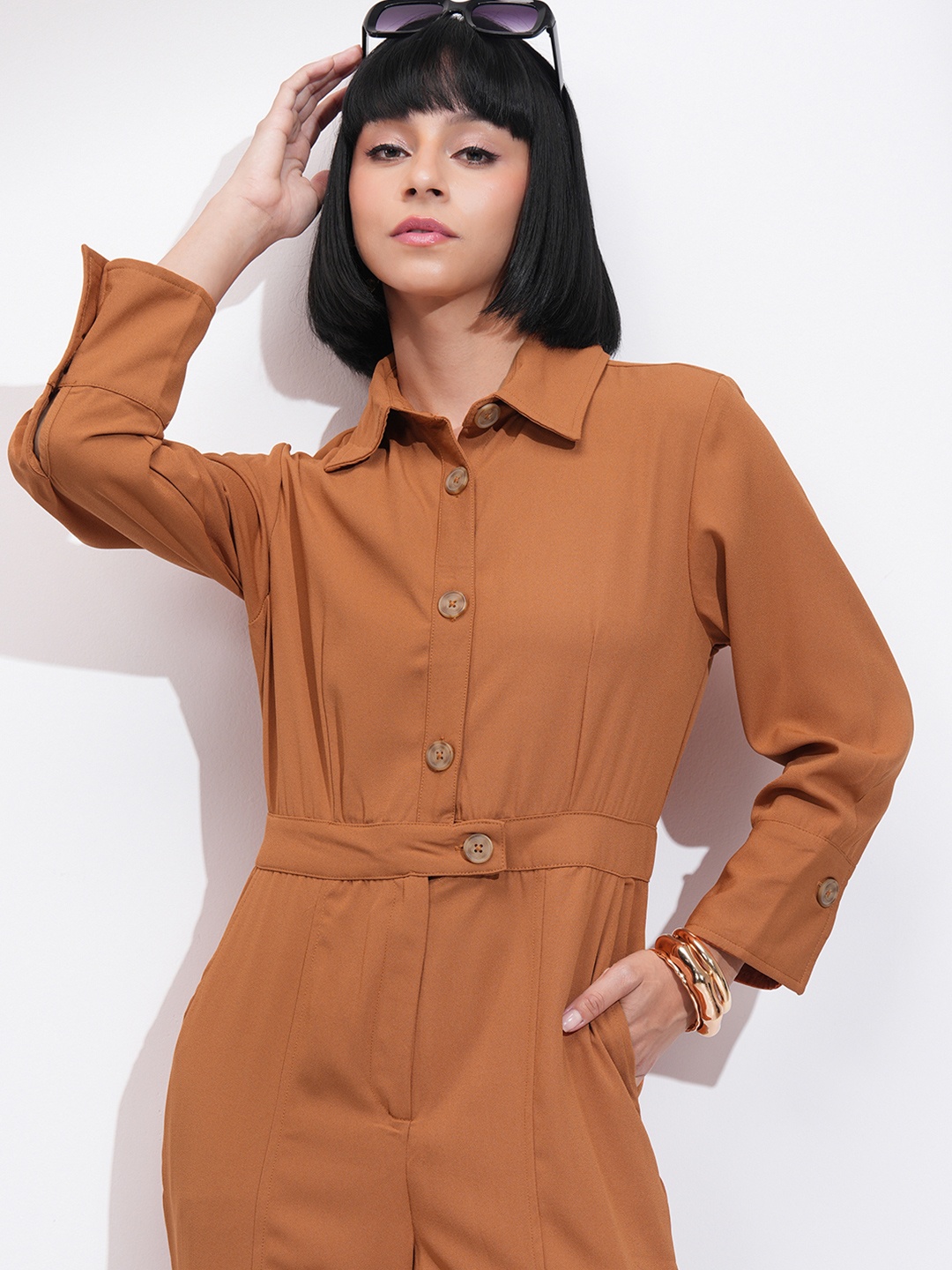 

Tokyo Talkies Brown Shirt Collar Basic Jumpsuit